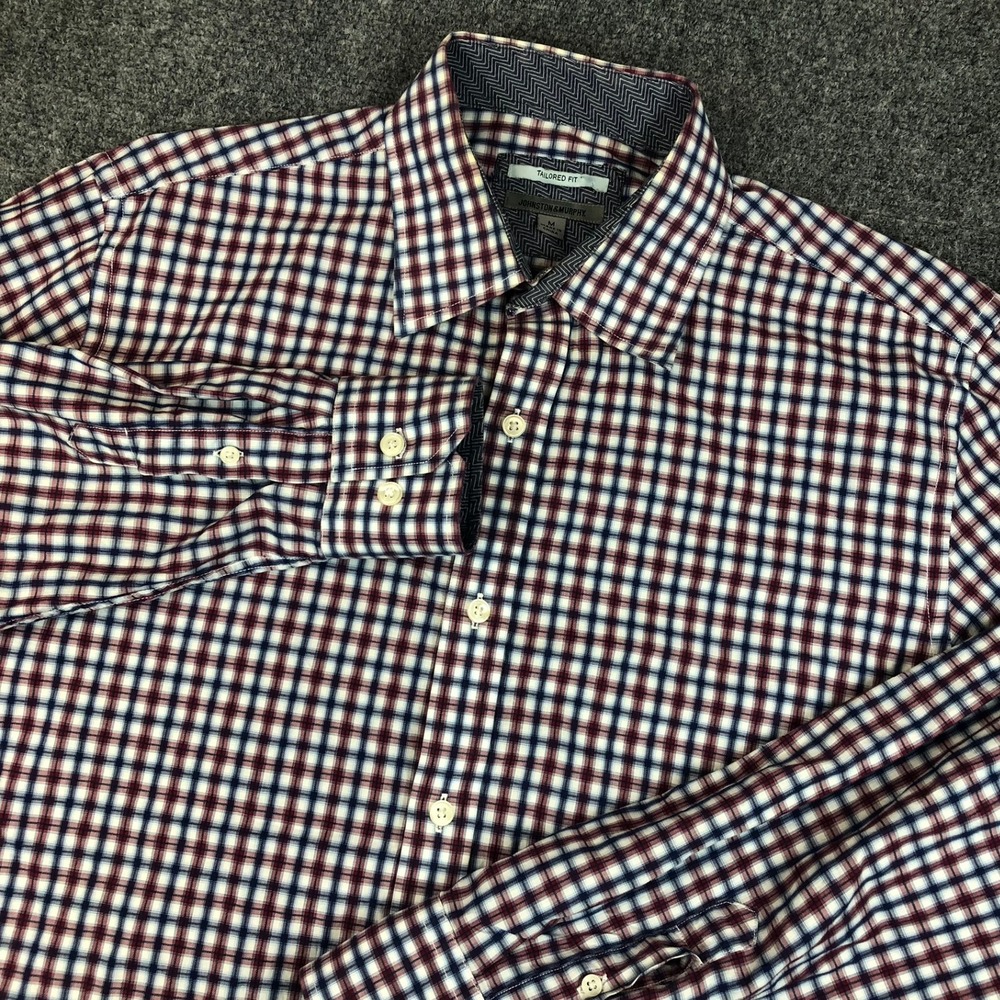 Johnston & Murphy Mens Tailored Fit Plaid Button Down Shirt Red Blue White M
